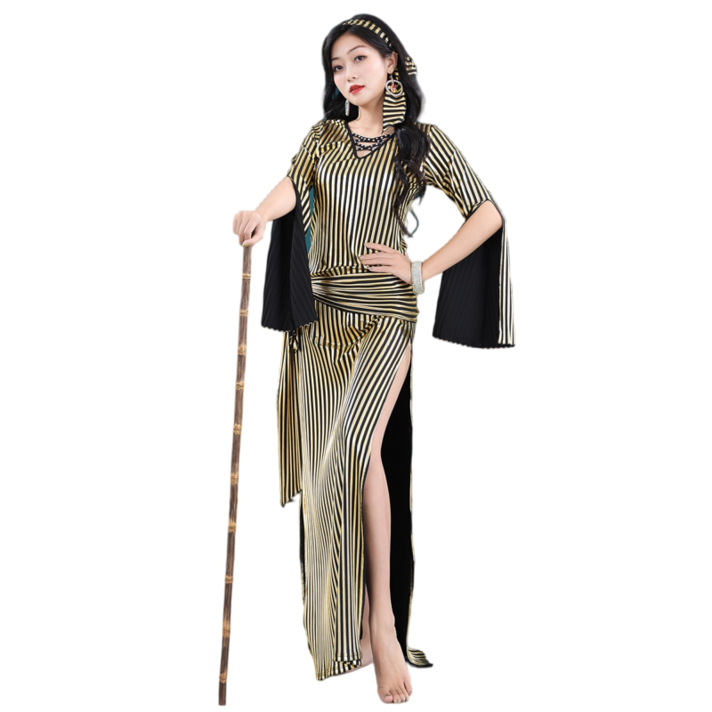 Robe de danse orientale égyptienne, Galabeya, extensible, longue fente, bande dorée, pour performance – Image 3