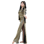 Robe de danse orientale égyptienne, Galabeya, extensible, longue fente, bande dorée, pour performance – Image 5