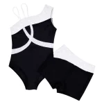 Costume de danse de ballet pour enfant, 2 pièces, sans manches, épaules obliques, strass brillants, Léotard et short – Image 7