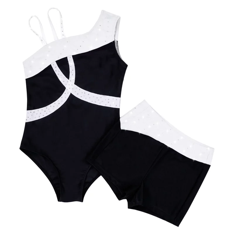 S03db249cf77a4b2ebea29ae49daef494z Costume de danse de ballet pour enfant, 2 pièces, sans manches, épaules obliques, strass brillants, Léotard et short – Image 7