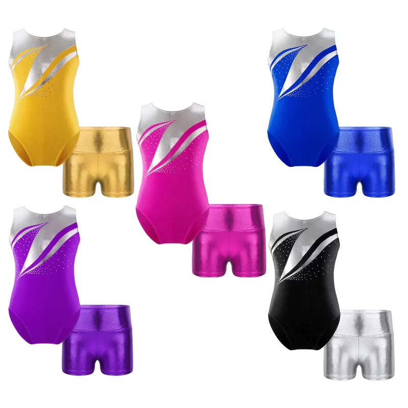 S9c66fbd07ed143aaaf7861721b21bb412 Costume de danse de ballet pour enfant, 2 pièces, léotard et short, patchwork strass brillants – Image 2