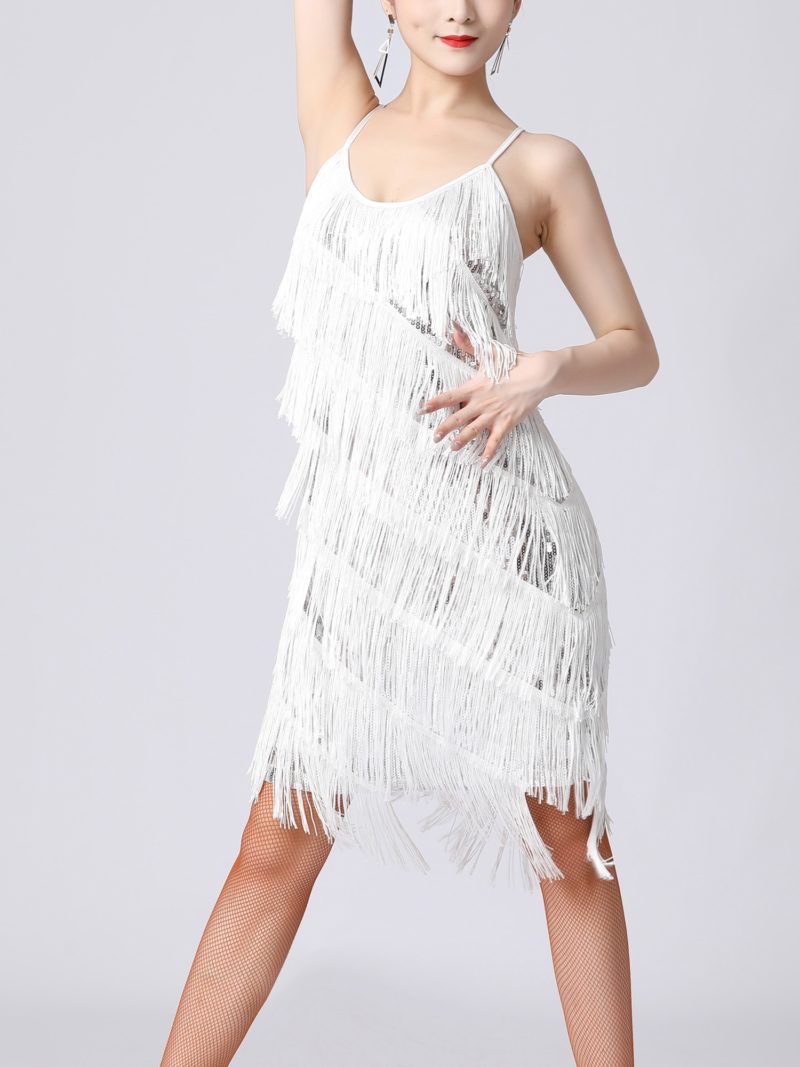 Robe de danse latine à franges, à paillettes brillantes, sans manches avec bretelles spaghetti – Image 2