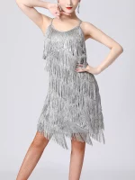 Robe de danse latine à franges, à paillettes brillantes, sans manches avec bretelles spaghetti – Image 21