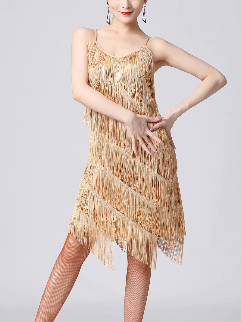 Robe de danse latine à franges, à paillettes brillantes, sans manches avec bretelles spaghetti – Image 19