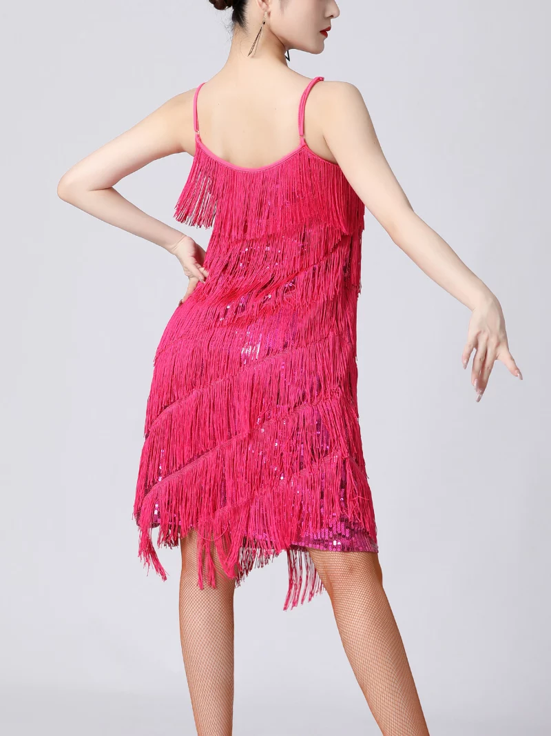 Robe de danse latine à franges, à paillettes brillantes, sans manches avec bretelles spaghetti – Image 10