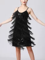 Robe de danse latine à franges, à paillettes brillantes, sans manches avec bretelles spaghetti – Image 6