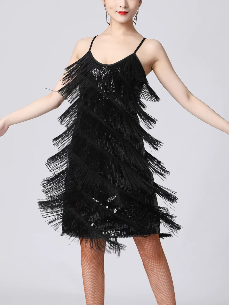 Robe de danse latine à franges, à paillettes brillantes, sans manches avec bretelles spaghetti – Image 6