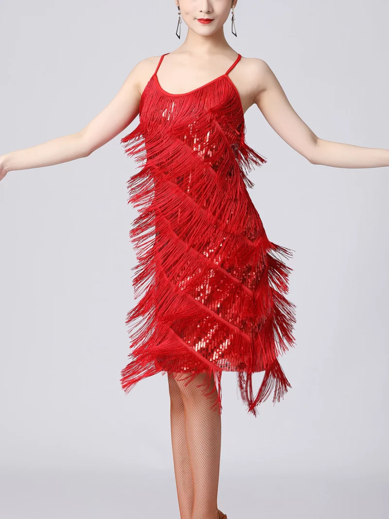 Robe de danse latine à franges, à paillettes brillantes, sans manches avec bretelles spaghetti – Image 17