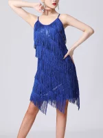 Robe de danse latine à franges, à paillettes brillantes, sans manches avec bretelles spaghetti – Image 11