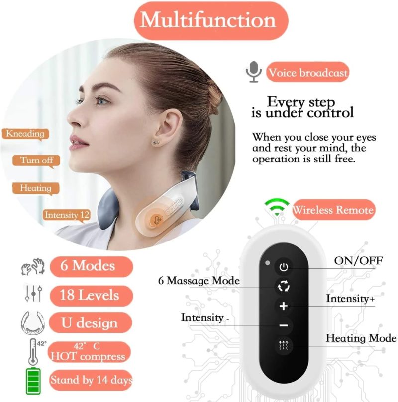 Masseur de cou électrique à impulsion et chauffant à 4 têtes, avec télécommande, 6 modes 18 niveaux, rechargeable – Image 3