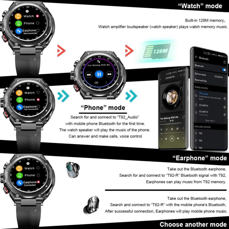 Montre connectée avec écouteurs, T92 Pro, Bluetooth, Smartwatch sportive – Image 6