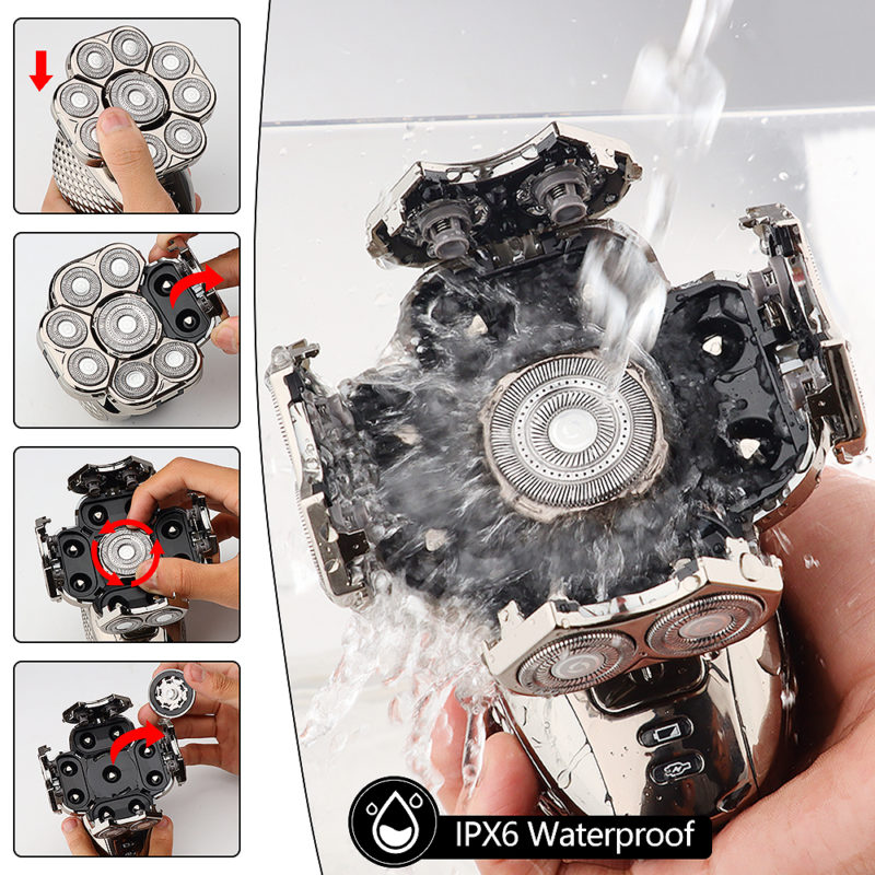 146125-epx6bw.jpg Rasoir électrique 9D, têtes flottantes, 6 en 1, rechargeable, lavable, en acier inoxydable – Image 6