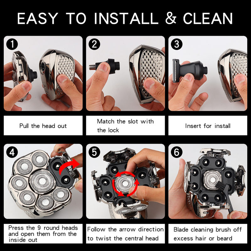 146125-xpmfpp.jpg Rasoir électrique 9D, têtes flottantes, 6 en 1, rechargeable, lavable, en acier inoxydable – Image 5