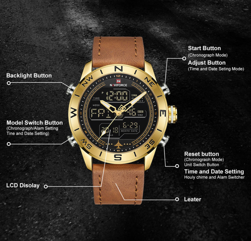 Montre-bracelet à Quartz pour homme, en cuir militaire, numérique et analogique – Image 8