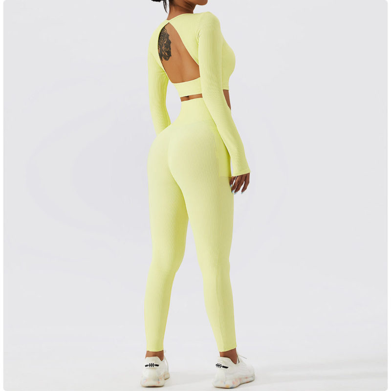 Ensemble de fitness à manches longues 2 pièces, tenue de sport sans couture, anti boulochage, anti-rétrécissement et respirant – Image 7