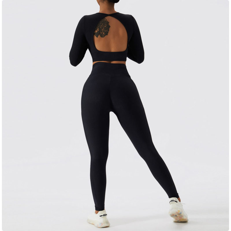 Ensemble de fitness à manches longues 2 pièces, tenue de sport sans couture, anti boulochage, anti-rétrécissement et respirant – Image 10