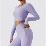Ensemble de fitness à manches longues 2 pièces, tenue de sport sans couture, anti boulochage, anti-rétrécissement et respirant – Image 14