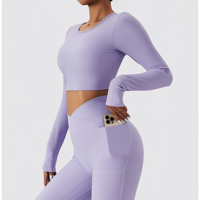 Ensemble de fitness à manches longues 2 pièces, tenue de sport sans couture, anti boulochage, anti-rétrécissement et respirant – Image 14