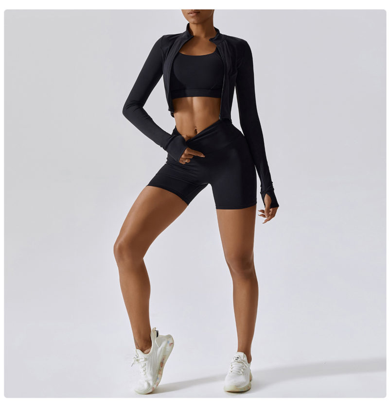 S8c0625c4813c4469b4bc41b0ec57153cs Ensemble de fitness 3 pièces, veste, top, short taille haute, sans couture, anti boulochage, anti-rétrécissement et respirant – Image 9