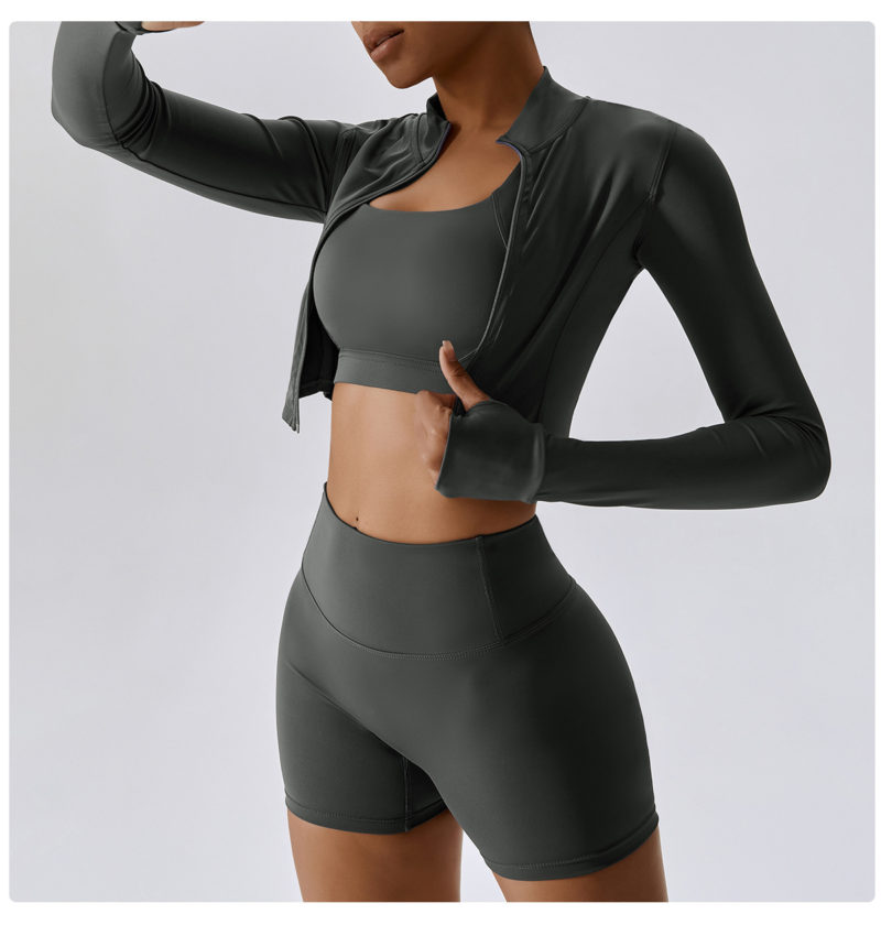Sa100905a8e264ff4a7b6149a5c37f56fp Ensemble de fitness 3 pièces, veste, top, short taille haute, sans couture, anti boulochage, anti-rétrécissement et respirant – Image 6