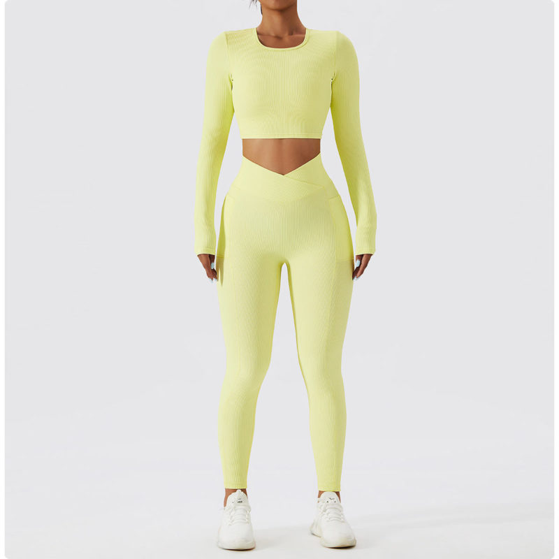 Ensemble de fitness à manches longues 2 pièces, tenue de sport sans couture, anti boulochage, anti-rétrécissement et respirant – Image 6