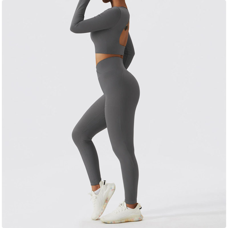Ensemble de fitness à manches longues 2 pièces, tenue de sport sans couture, anti boulochage, anti-rétrécissement et respirant – Image 4