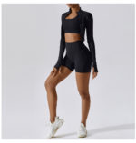 Ensemble de fitness 3 pièces, veste, top, short taille haute, sans couture, anti boulochage, anti-rétrécissement et respirant – Image 8