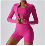 Ensemble de fitness 3 pièces, veste, top, short taille haute, sans couture, anti boulochage, anti-rétrécissement et respirant – Image 12