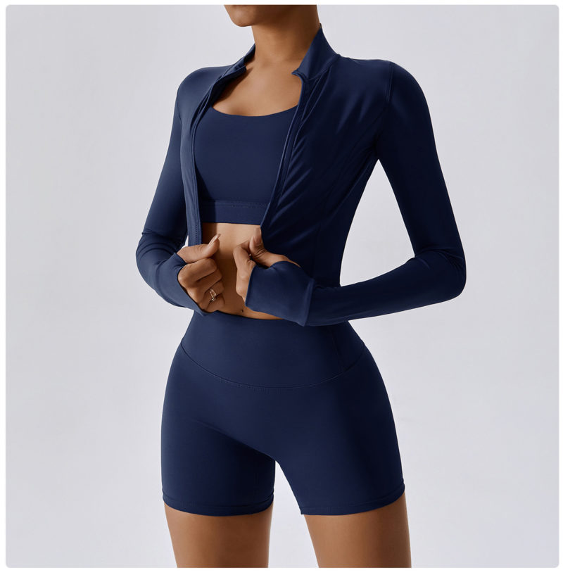 Se3cf9cc27f4147c68f8c6d24bfeb967fF Ensemble de fitness 3 pièces, veste, top, short taille haute, sans couture, anti boulochage, anti-rétrécissement et respirant – Image 11
