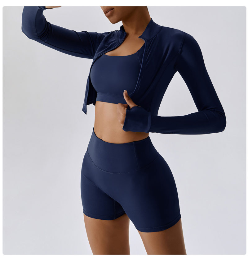 Sef09aa162c0b4b3cb0497cd6843a5d4cC Ensemble de fitness 3 pièces, veste, top, short taille haute, sans couture, anti boulochage, anti-rétrécissement et respirant – Image 10