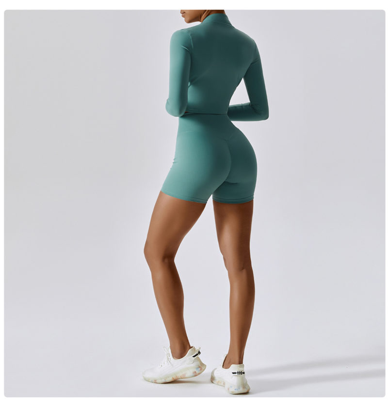 Sfdffd6a5d4e14c11a1fa837614713d8e0 Ensemble de fitness 3 pièces, veste, top, short taille haute, sans couture, anti boulochage, anti-rétrécissement et respirant – Image 2