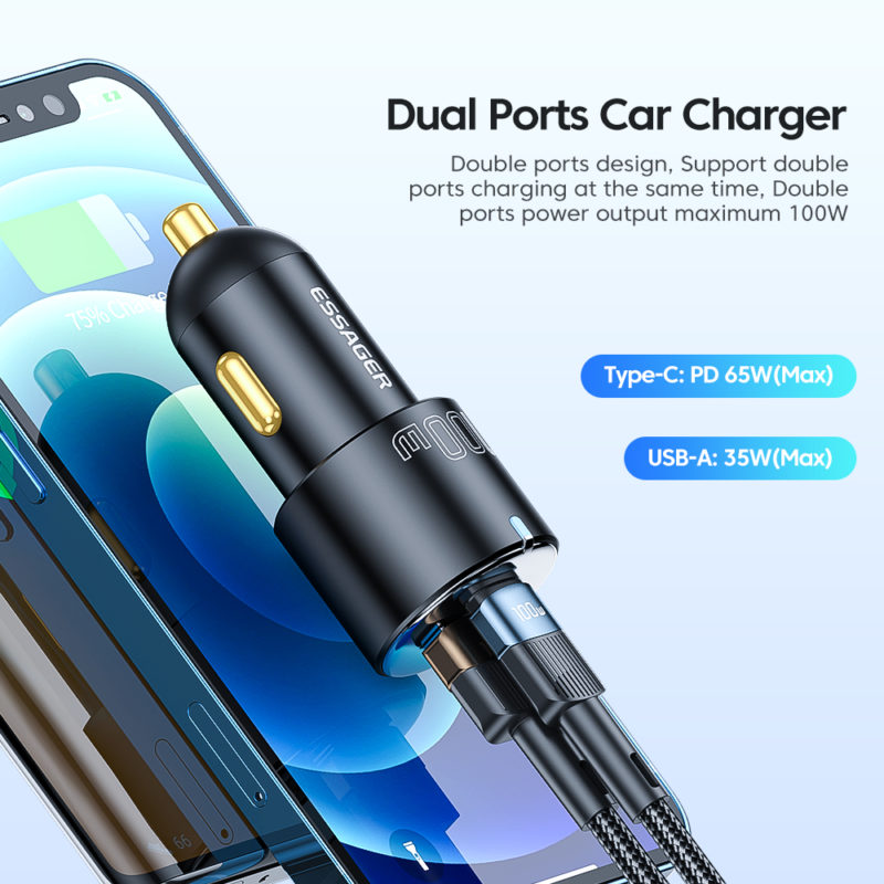 Chargeur rapide pour voiture 100W, USB 3.0 C, QC PD, pour iPhone 14, Samsung, ordinateur portable et tablette – Image 5