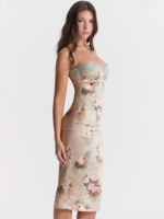 Robe mi-longue en dentelle imprimée, Satin, bretelles spaghetti, dos nu et taille haute