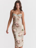 Robe mi-longue en dentelle imprimée, Satin, bretelles spaghetti, dos nu et taille haute – Image 3