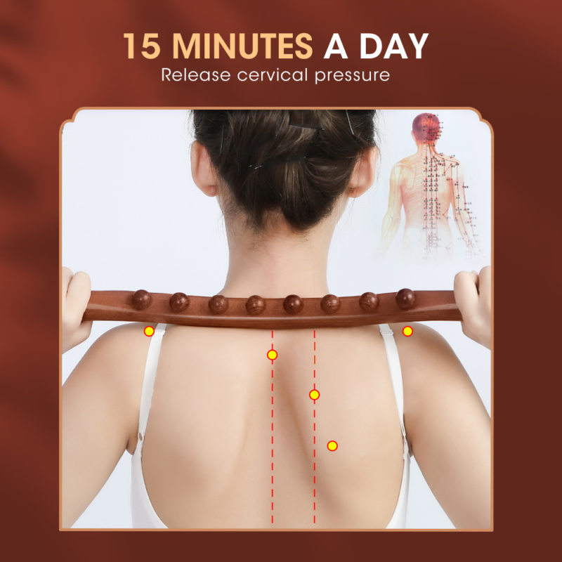 155903-4xanv0.jpg Bâton de massage en bois de hêtre, 8 perles, dragage méridiens, pour les épaules, le cou, la taille et le dos – Image 3