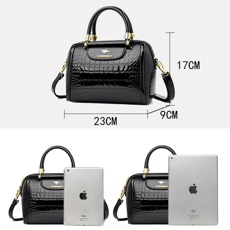 Sac à main et bandoulière en cuir verni, à motif de style crocodile – Image 4