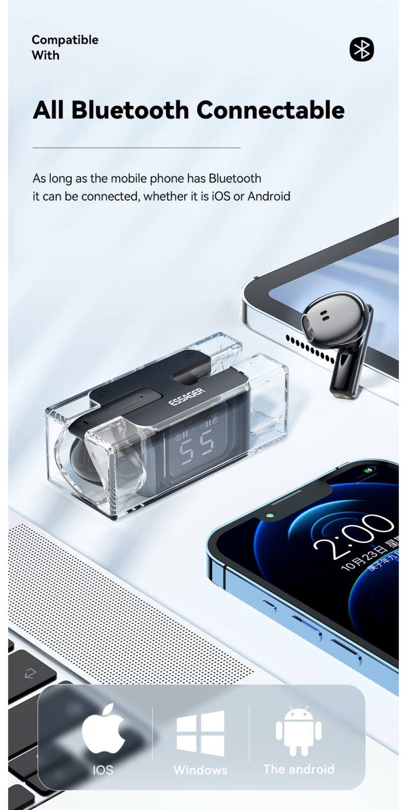 Écouteurs sans fil Bluetooth E90 TWS, avec microphone et étui de chargement, commande tactile – Image 2