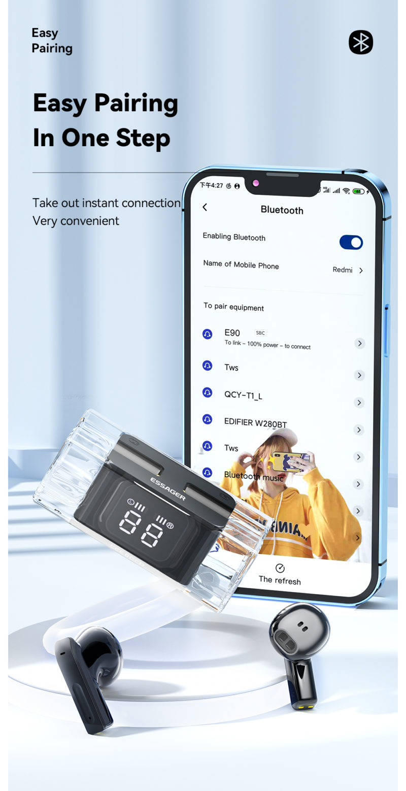 Écouteurs sans fil Bluetooth E90 TWS, avec microphone et étui de chargement, commande tactile – Image 4