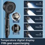 Ensemble flexible et pommeau de douche turbocompressé à affichage LED numérique, réglable, 5 modes – Image 4