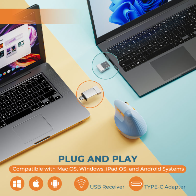 Souris ergonomique verticale sans fil, PC, Android, Type-C, USB, rechargeable, main droite – Image 5