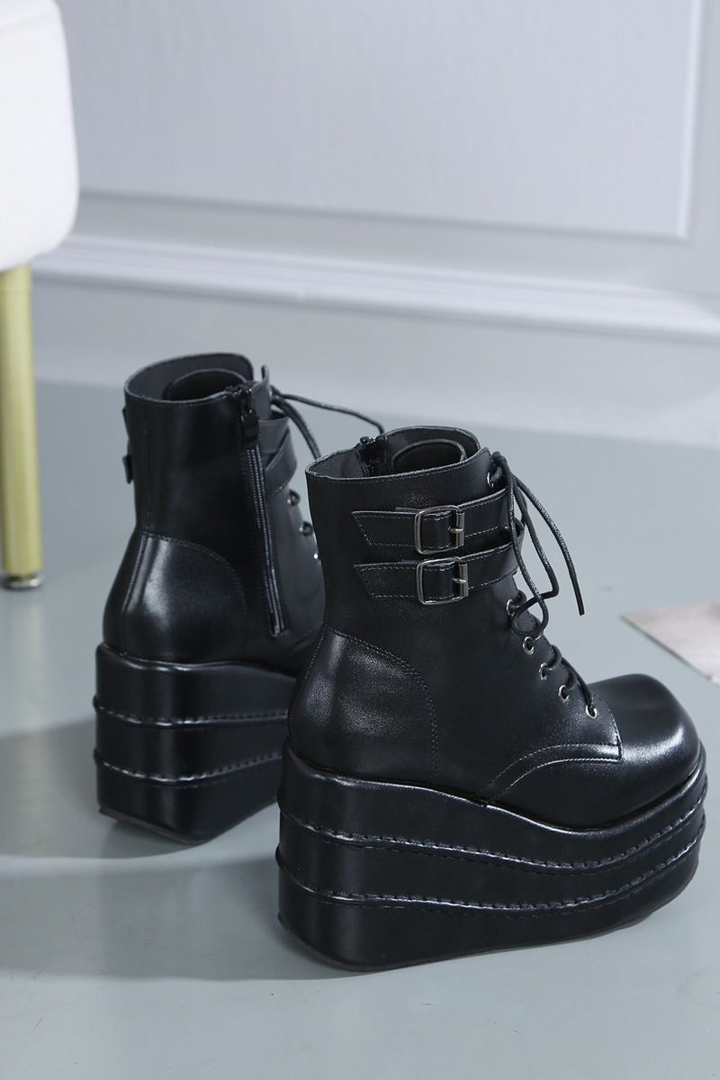 163912-9g2bw3.jpg Bottes à lacets à plateforme pour femme, Cuir PU, talon compensé de 11 cm – Image 5