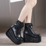 Bottes à lacets à plateforme pour femme, Cuir PU, talon compensé de 11 cm – Image 3