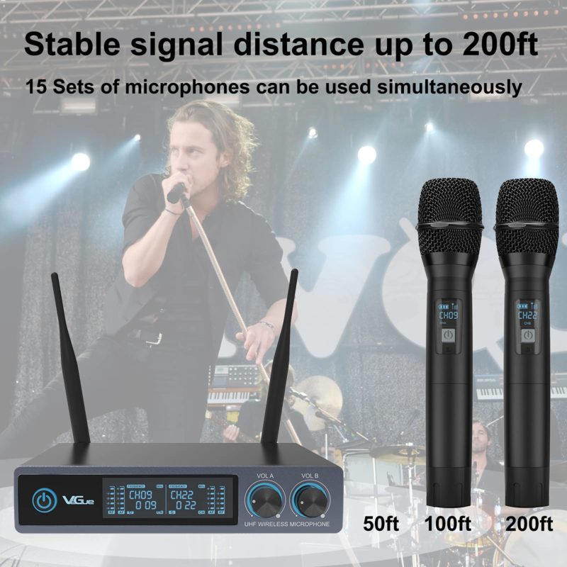 Système de microphones dynamiques sans fil UHF, en métal, 60 m, pour karaoké, scène, église, fêtes – Image 4