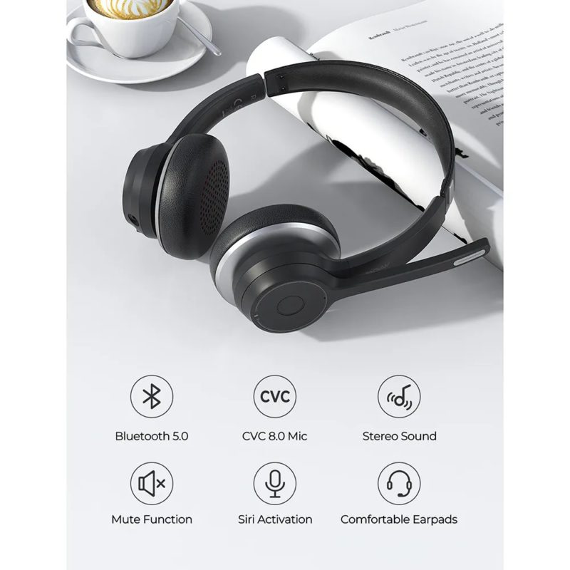 Casque audio sans fil avec microphone 2 en 1, anti-bruit CVC 8.0, Bluetooth 5.0, pour centre d’appels – Image 6