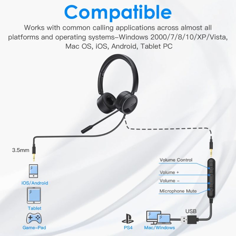 Casque audio USB avec microphone 2 en 1, annulation active du bruit, pour centre d'appels – Image 5
