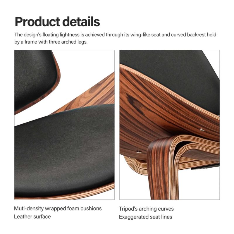 Fauteuil Shell en bois, assise et dossier rembourrés en similicuir, à trois pieds – Image 11