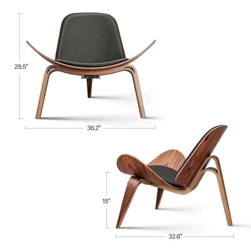 Fauteuil Shell en bois, assise et dossier rembourrés en similicuir, à trois pieds – Image 13