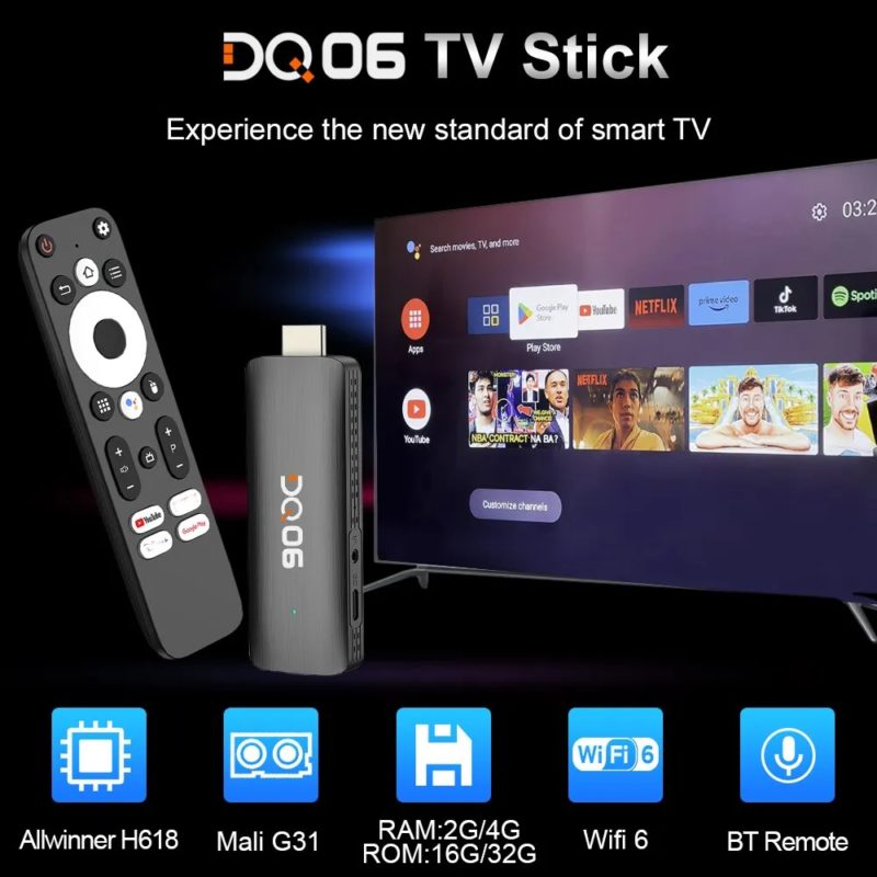 TV Stick Android 12, DQ06, 8K, RAM 4 GB DDR3, stockage 32 GB eMMC – Image 2