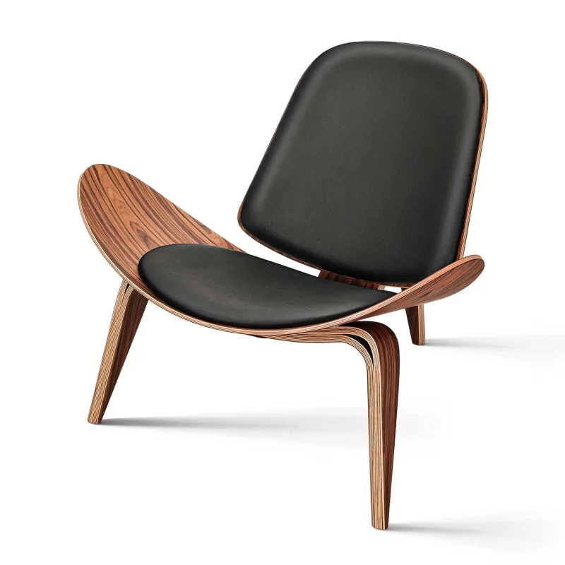 Fauteuil Shell en bois, assise et dossier rembourrés en similicuir, à trois pieds – Image 4