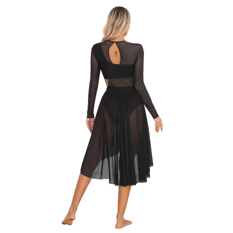 S180ae526cddd45299f6e46626161c1b0M Robe de danse lyrique moderne, manches longues, paillettes, maille transparente, justaucorps – Image 6